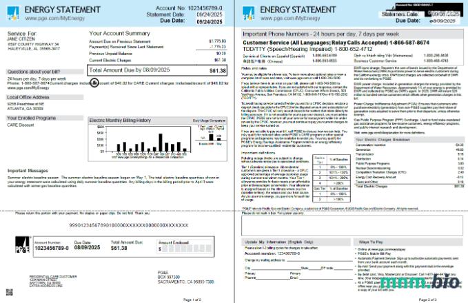 Szablon rachunku za media PG&E USA w formatach Word i PDF, 3 strony, 1-2 strony
